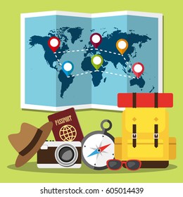 Planning travel concept, around the world. Passport, compass, camera, backpack, sunglasses, hat and world map on the green background. Vector illustration