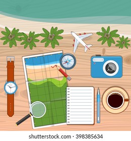 Planning Travel For A Cup Of Coffee.  Vector Illustration