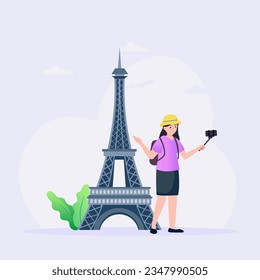 Planning of travel. Woman with a suitcase goes to the airport. Vector illustration.