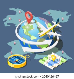 Planning Traveling Isometric Composition With Location Markers On Globe And Map Compass And Aircraft Flying Around Earth Vector Illustration 