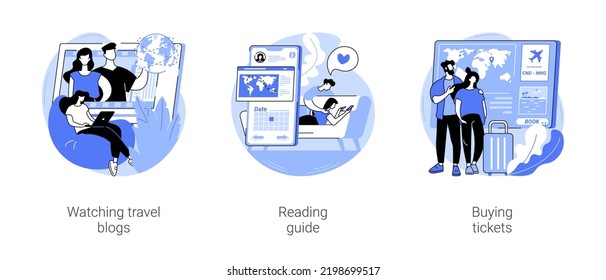 Planning a trip isolated cartoon vector illustrations set. Young woman watching travel blogs, happy couple reading vacation guide, buying tickets to dream destination online vector cartoon.