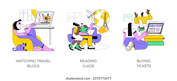 Planning a trip isolated cartoon vector illustrations set. Young woman watching travel blogs, happy couple reading vacation guide, buying tickets to dream destination online vector cartoon.