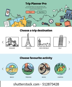  Planning a trip one page website design template. Hero image illustration, destinations and activities guide. 