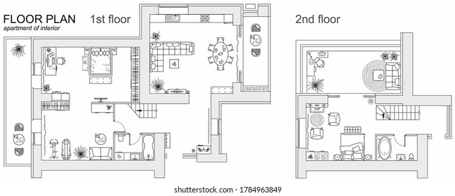 Planning of two storey apartment with arrangement furniture. Architectural drawing of the house (top view). Interior design  floor plan from above. Vector layout