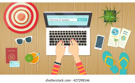 Planning of vacation. Banner. Summer vacation. Objects on wooden background. Top view. Vector flat illustration.