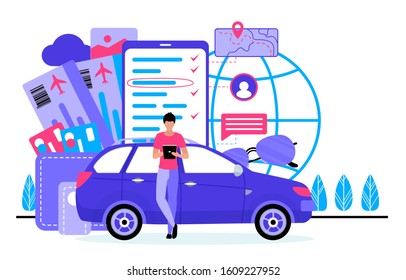 Planning vacation flat vector illustration. Booking online service. Purchasing flight tickets in internet. Traveling, holiday. Electronic airline service. Male tourist cartoon character