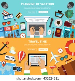 Planning of vacation. Travel time. Set of vector concept banners for traveling, tourism, online booking, journey in summer holidays. Top view. Flat design