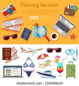 Planning Vacation, travel and Tourism infographics with Flat Icons like Planning, Booking, Tickets, Money and Map. isolated vector illustration