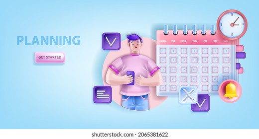 Planning vector business schedule background, 3D character, event calendar, meeting reminder concept. Busy student, work and education agenda, person time management service. 3D planning web banner