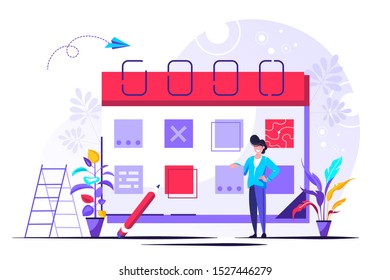 Planning vector illustration. Flat mini persons concept with schedule calendar. System to organize daily routine. Time management chart graphic to structure deadline meetings, agenda or appointments.