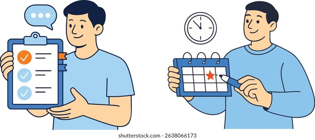 Planning Vector Illustration: Man with Checklist and Calendar.