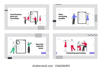 Planning, Victory Website Landing Page Set. Businesspeople Filling Checklist for Successful Completion of Business Tasks, Celebrate Success Web Page Banner. Cartoon Flat Vector Illustration, Line Art