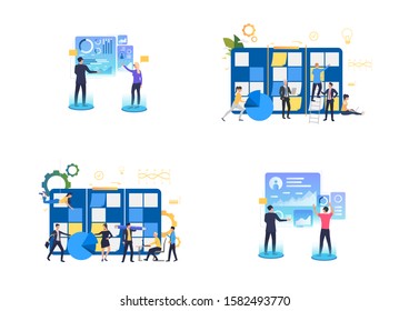 Planning and VR presentation set. Business people analyzing graphs, working at task board. Flat vector illustrations. Business, work on project concept for banner, website design or landing web page