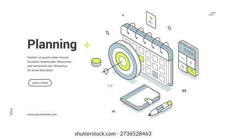 Planning web banner. Isometric template for a landing page on business strategy. Vector illustration with a calendar, target, and calculator. For concepts of management and goal setting