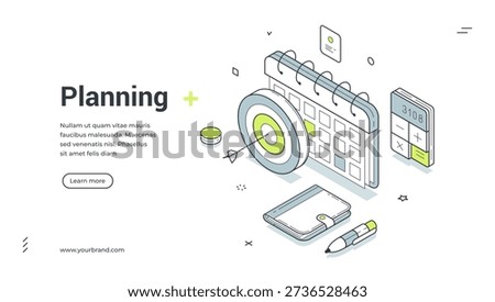 Planning web banner. Isometric template for a landing page on business strategy. Vector illustration with a calendar, target, and calculator. For concepts of management and goal setting