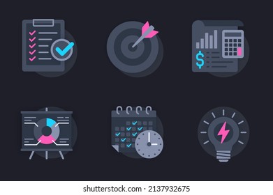 Planning web concept of 3d paper icons set. Pack flat pictograms of time management, target, data analysis, brainstorming, financial planning, organization. Vector elements for website in dark style