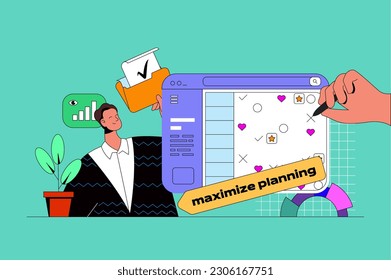 Planificación de concepto web con escena de caracteres. Los planes de organización de reuniones y eventos en el calendario, programan las tareas y los plazos de trabajo. La gente se encuentra en un diseño plano. Ilustración vectorial para material de comercialización.