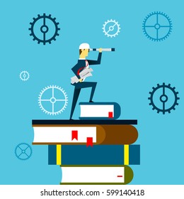 Planning work. Businessman lurking from a distance and standing on a book. Concept business vector illustration.