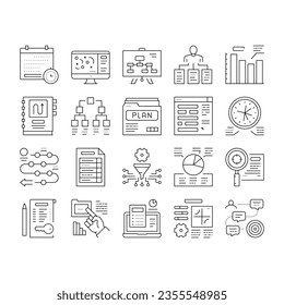 Planning Work Process Collection Icons Set Vector. Planning Business Project And Optimization, Plan And Infographic, Notebook And Agreement Black Contour Illustrations