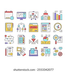 Planning Work Process Collection Icons Set Vector. Planning Business Project And Optimization, Plan And Infographic, Notebook And Agreement Concept Linear Pictograms. Color Contour Illustrations