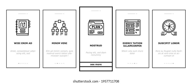 Planning Work Process Onboarding Mobile App Page Screen Vector. Planning Business Project And Optimization, Plan And Infographic, Notebook And Agreement Illustrations