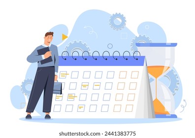 Planning work schedule concept. Businessman with bag near calendar. Time management, scheduling and planning, effective work process. Cartoon flat vector illustration isolated on white background