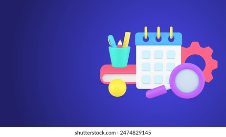 Planning work with schedule and magnifying glass workplace organizing for studying or business 3d icon vector illustration. Marketing, time management, deadline, strategy development isolated