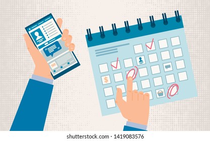 Planning Work Schedule, Time Management with Mobile Phone Application Flat Vector Concept. Businessman, Communicating Online, Adding Tasks or Meeting Reminders to Calendar in Smartphone Illustration