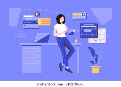 Planning work web concept with people scene in flat blue design. Woman planning workflow and daily routine using calendar and time management services with task lists and reminder. Vector illustration
