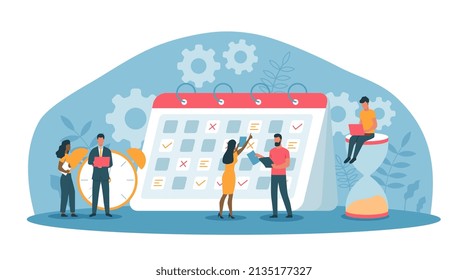 Planning and working. Time management and responsible employees. Schedule meetings and set goals. Efficient business, company or organization, people with calendar. Cartoon flat vector illustration