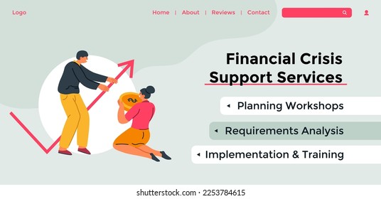 Planning workshops and analysis of business, financial crisis support services for leaders and organizations companies. Website landing page template, online internet page. Vector in flat style