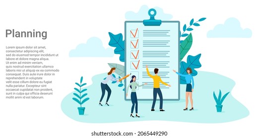 Planning.Las personas que se encuentran en el fondo de una gran lista de tareas planifican su trabajo.Cartel en estilo de negocio.Ilustración vectorial.