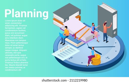 Planning.People in the office against the background of office supplies and watches are engaged in planning.An illustration in the style of a green landing page.