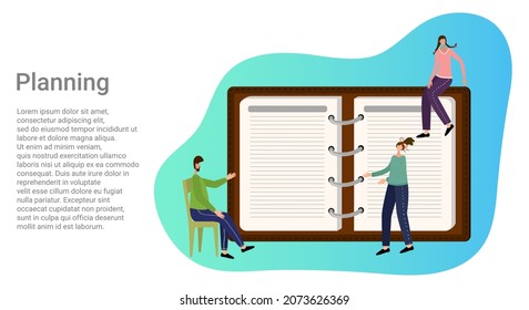 Planning.People on the background of a diary and a list of tasks, discuss projects among themselves.A business-style poster.Vector illustration.