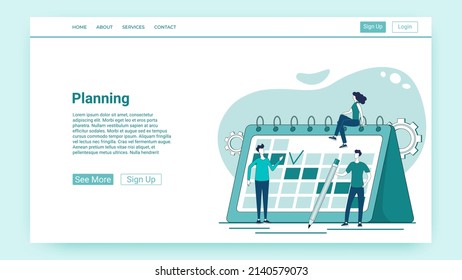 Planning.People plan and solve business problems and tasks.An illustration in the style of a green landing page.