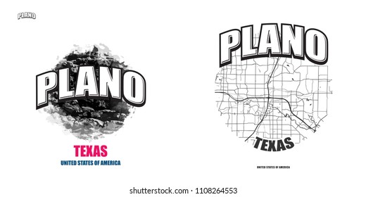 Plano, Texas, logo design. Two in one vector arts. Big logo with vintage letters with nice colored background and one-color-version with map for every possible print production.