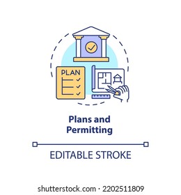 Plans and permitting concept icon. Approved project. Phase of home building abstract idea thin line illustration. Isolated outline drawing. Editable stroke. Arial, Myriad Pro-Bold fonts used