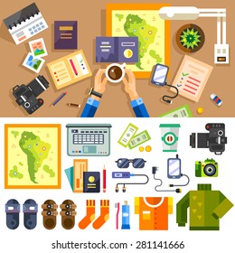 Plans to summer trip. Set of traveler. Leaving home, work place in top view. Vector flat illustration