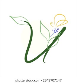 Plant alphabet with a butterfly. Series of letters A-Z. Images of plants. Minimalism. Beautiful letters. Line drawing. The initial U logo design is combined with a plant and a butterfly. ABC
