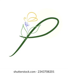 Plant alphabet with a butterfly. Series of letters A-Z. Images of plants. Minimalism. Beautiful letters. Line drawing. The initial P logo design is combined with a plant and a butterfly. ABC