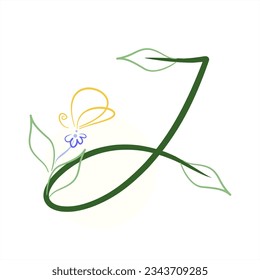 Plant alphabet with a butterfly. Series of letters A-Z. Images of plants. Minimalism. Beautiful letters. Line drawing. The initial J logo design is combined with a plant and a butterfly. ABC