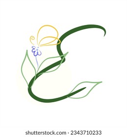 Plant alphabet with a butterfly. Series of letters A-Z. Images of plants. Minimalism. Beautiful letters. Line drawing. The initial E logo design is combined with a plant and a butterfly. ABC