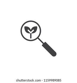 Plant analyzing vector icon. filled flat sign for mobile concept and web design. Magnifier glass with leaf simple solid icon. Symbol, logo illustration. Pixel perfect vector graphics