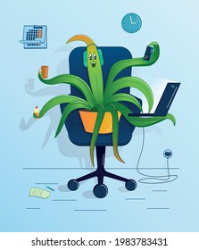 a plant with anthropomorphic features in a home office in a chair with a laptop, smartphone, cup of tea, cake, in a blue-green color scheme