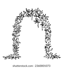 Plant arch of ivy, grapes, lush foliage. Entrance to the garden. Vector drawing with black outline. Sketch in ink.