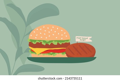 Planta basada más allá de la ilustración vectorial de hamburguesa de carne. Concepto vegetariano de estilo de vida vegano y saludable