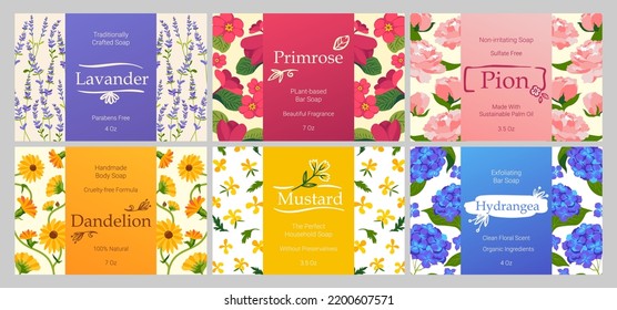 Pflanzenbasiertes Körperseifendesign für Verpackungen. Traditionell hergestelltes Produkt mit Blumenzutat, Vektorgrafik. Vorlagenemblem mit organischer Formel, handgezeichnete Dekoration