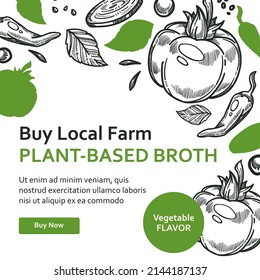 Plant based broth with vegetable flavor, organic and natural ingredients. Buy local farm food and meal. Vegan and vegetarian menu. Online internet shop, website sample, vector in flat style