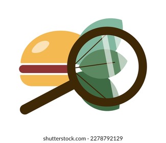 Plant based burger icon. Vegetarian hamburger with green leaves under magnifying glass. Vegan patty. Alternative protein, meatless food concept. Vector illustration