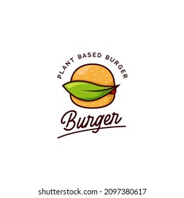 Pflanzenbasiertes Hamburger-Logo, Hamburger-Logo-Symbol mit Blattsymbol für vegetarischen Veganburger